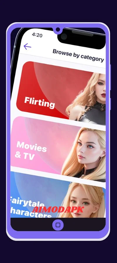 You can browse the AI Characters on the basis of categories including Flirting, Movies & TV, and Fairytale Characters etc.