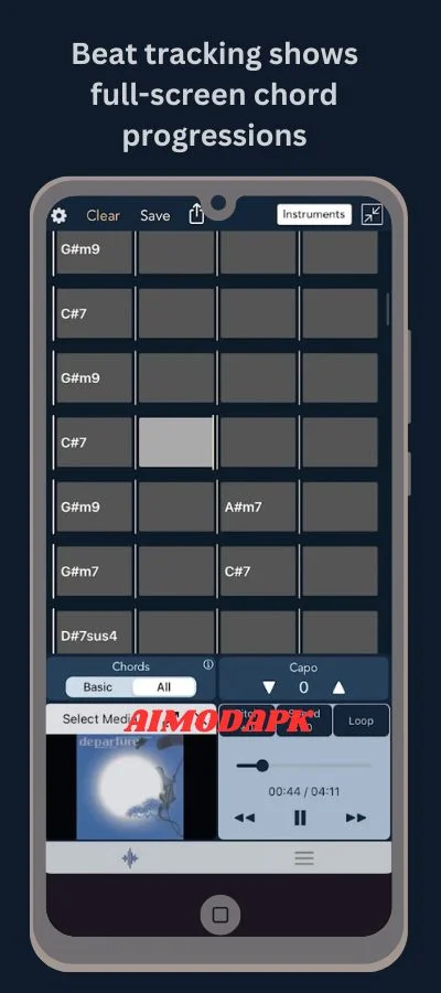 the beat tracking dashboard, shows full screen chord progressions