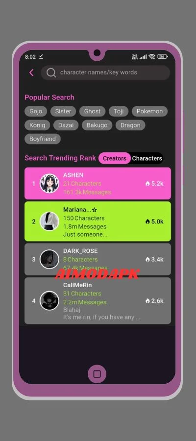 search prebuild characters