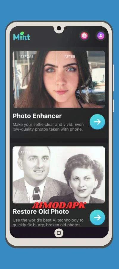 MintAI photo enhancer feature allows you to restore old, damaged, and black & white pictures effortlessly!