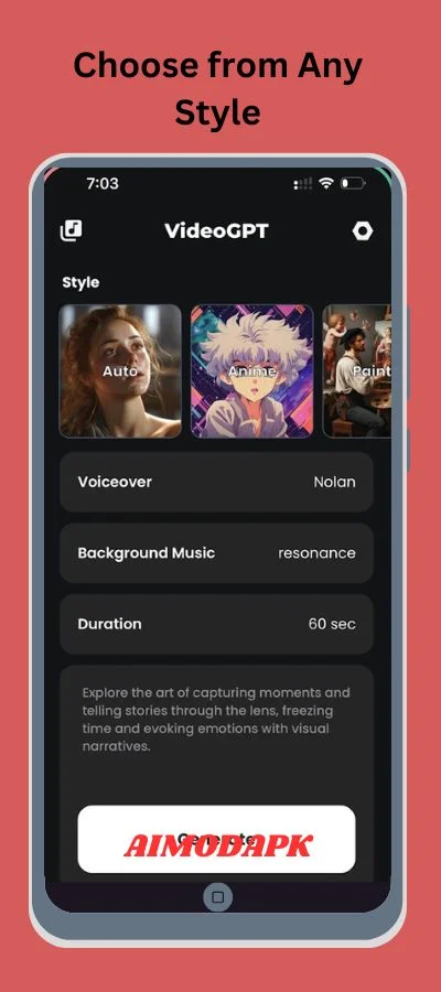 choose from a vast variety range of style in video gpt!